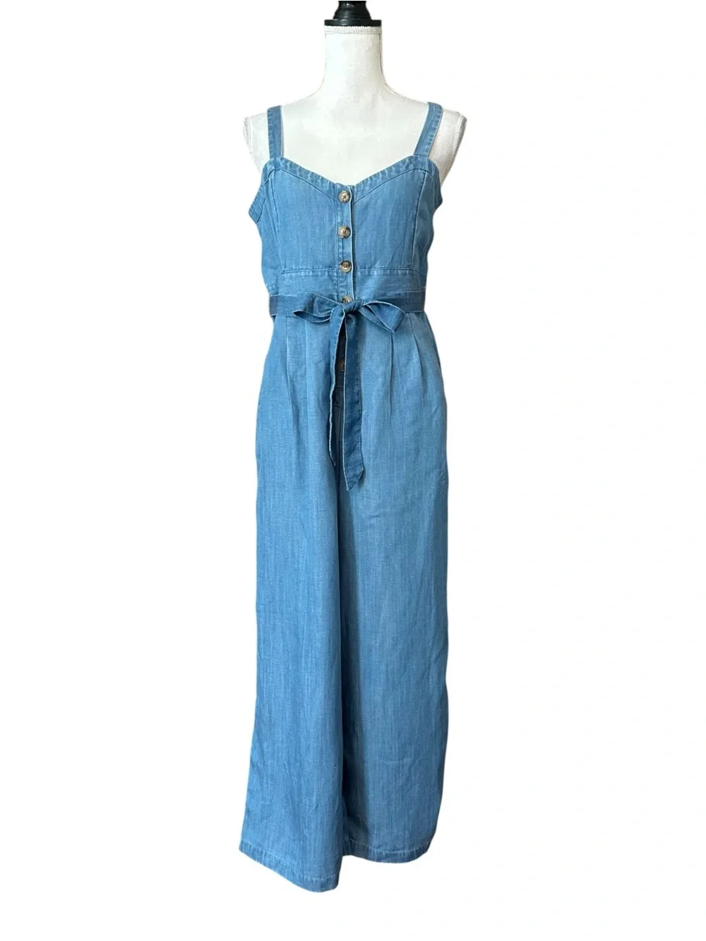 LOFT Belted Sleeveless Wide Leg Chambray Strappy Jumpsuit Women’s SZ 2 in blue
